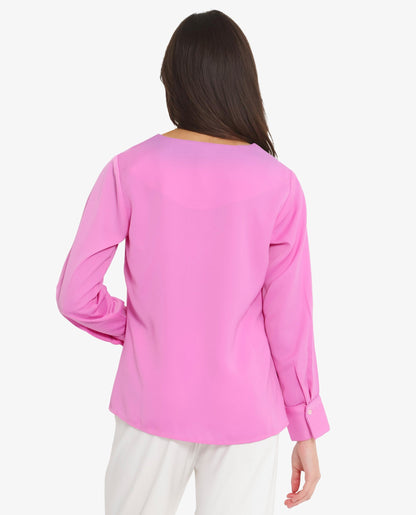 Rareism Women Shami Pink Cuffed Sleeve V-Neck Plain Top