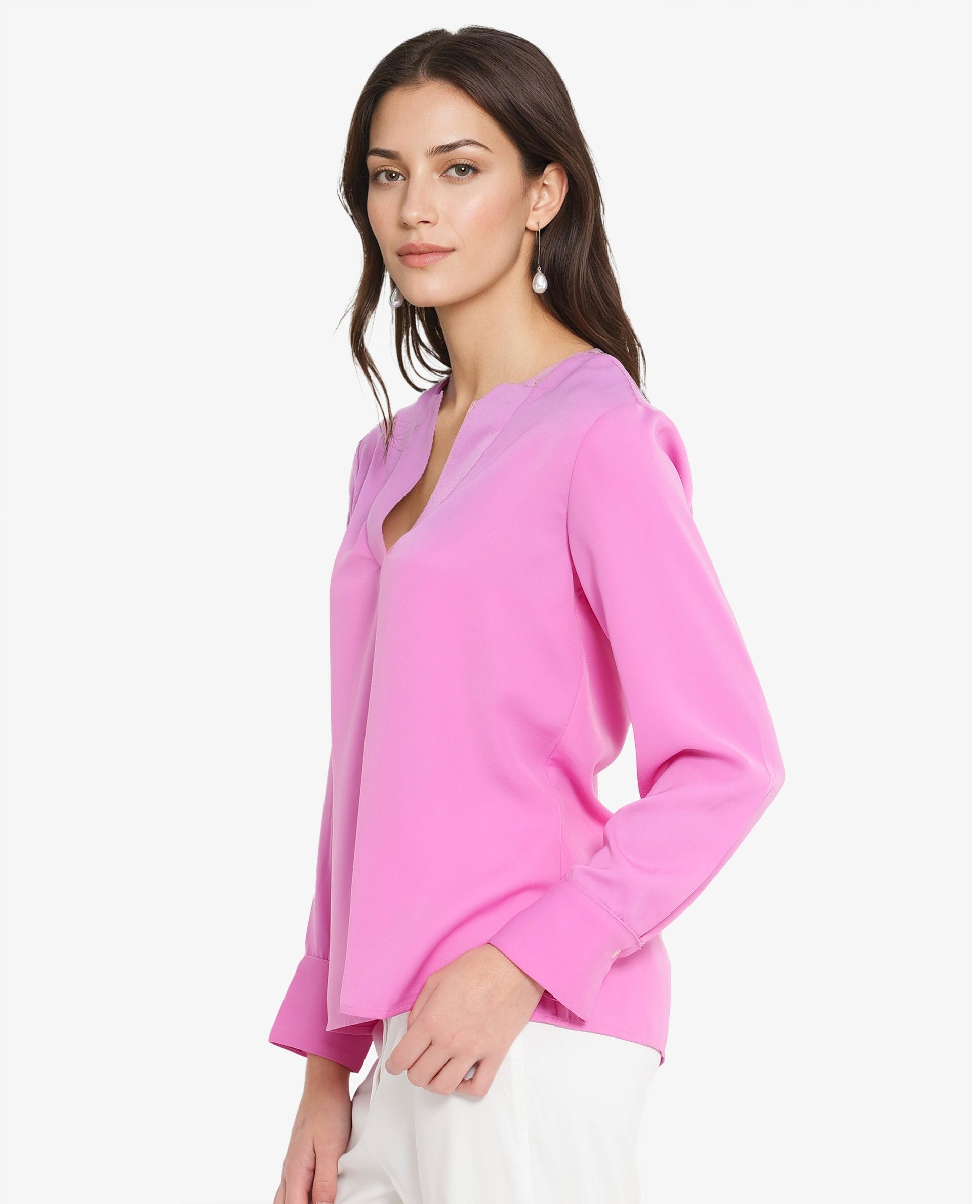 Rareism Women Shami Pink Cuffed Sleeve V-Neck Plain Top