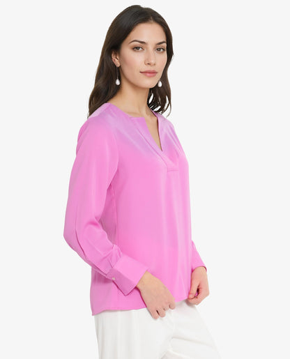 Rareism Women Shami Pink Cuffed Sleeve V-Neck Plain Top