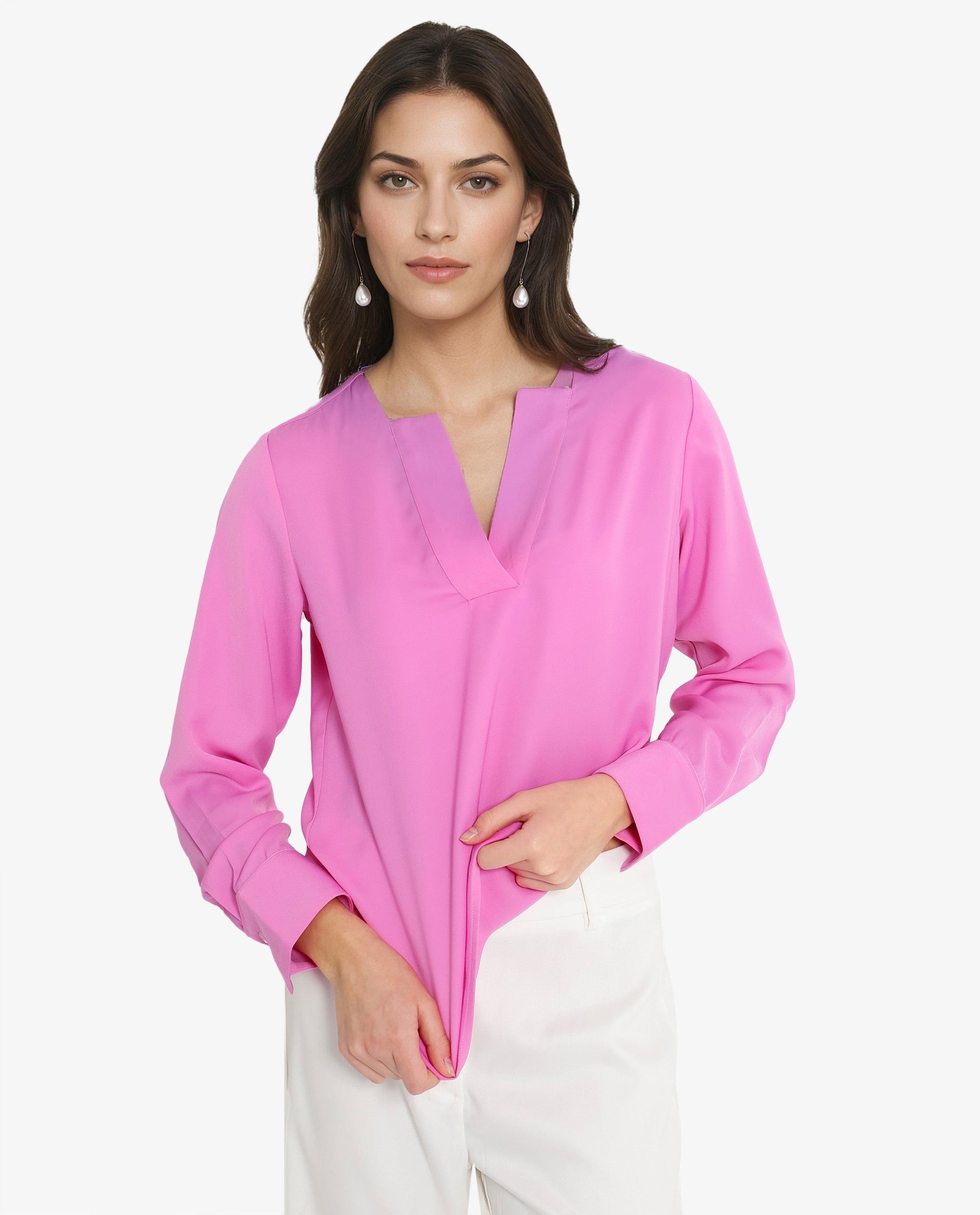 Rareism Women Shami Pink Cuffed Sleeve V-Neck Plain Top