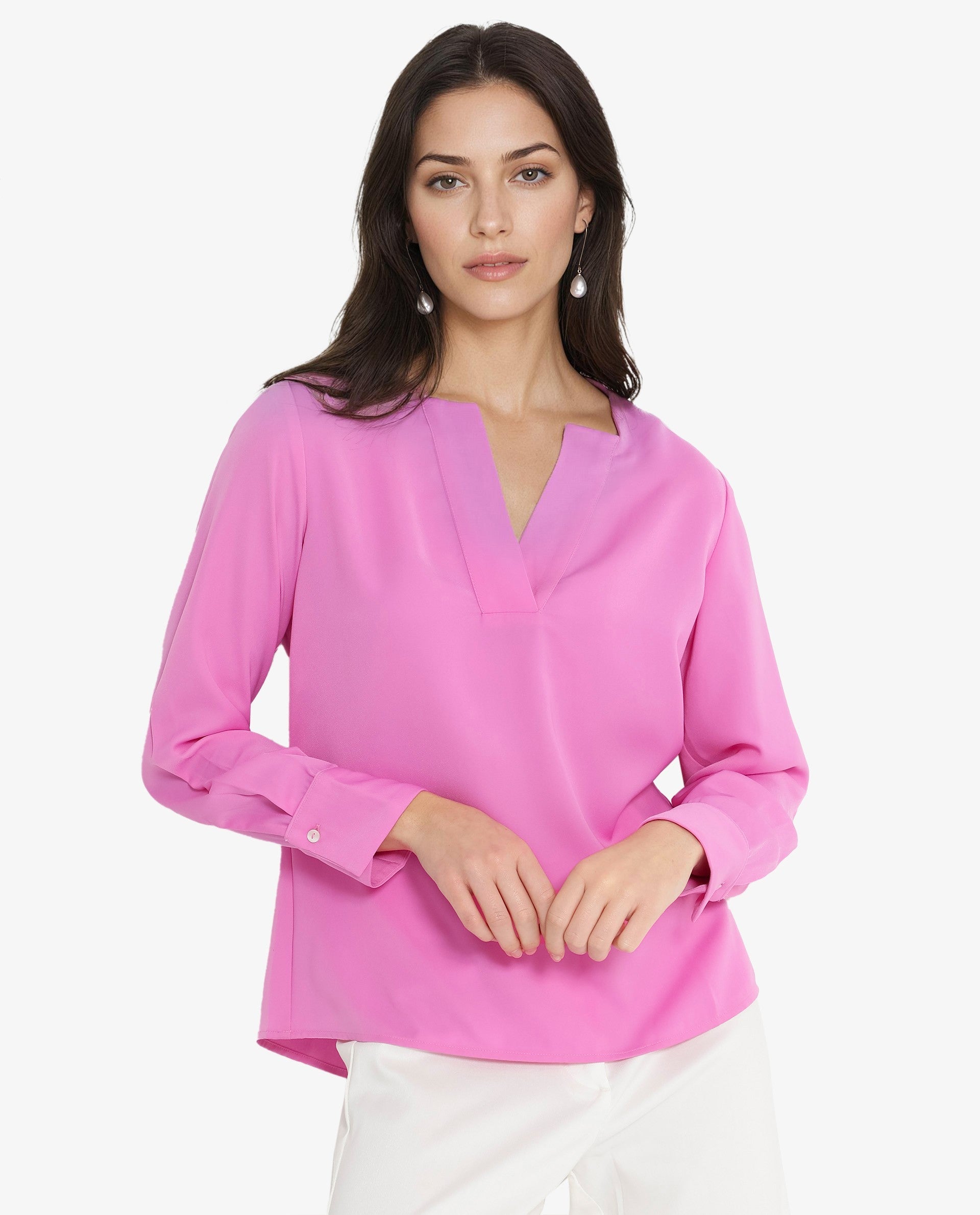 Rareism Women Shami Pink Cuffed Sleeve V-Neck Plain Top