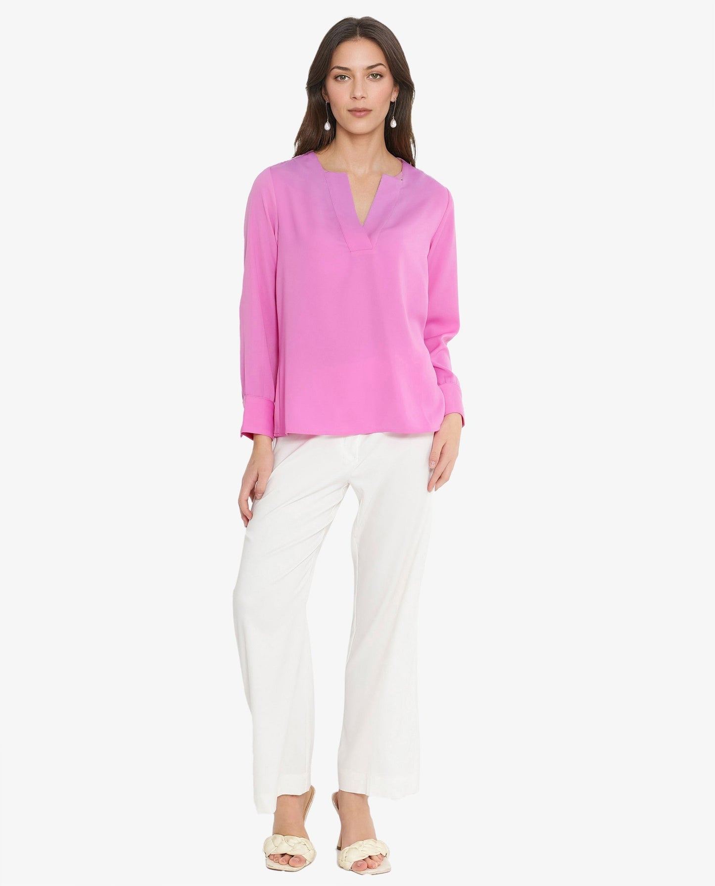 Rareism Women Shami Pink Cuffed Sleeve V-Neck Plain Top