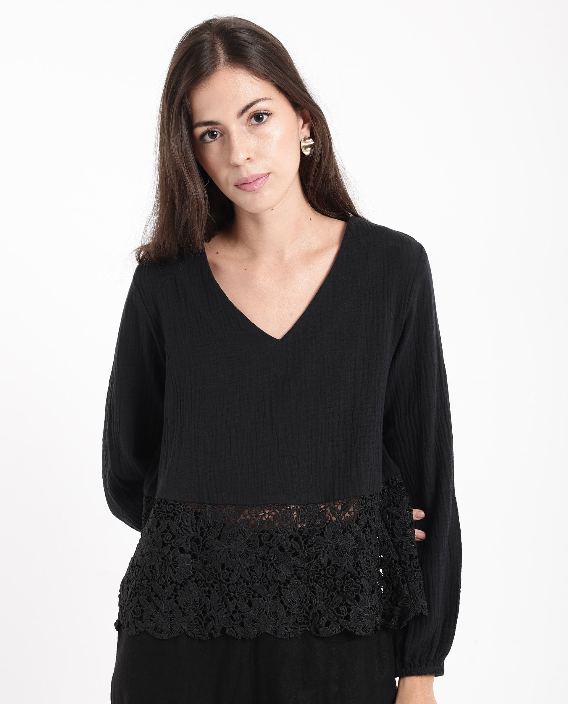 Rareism Women Sinloa Black Bishop Sleeve V-Neck Plain Top