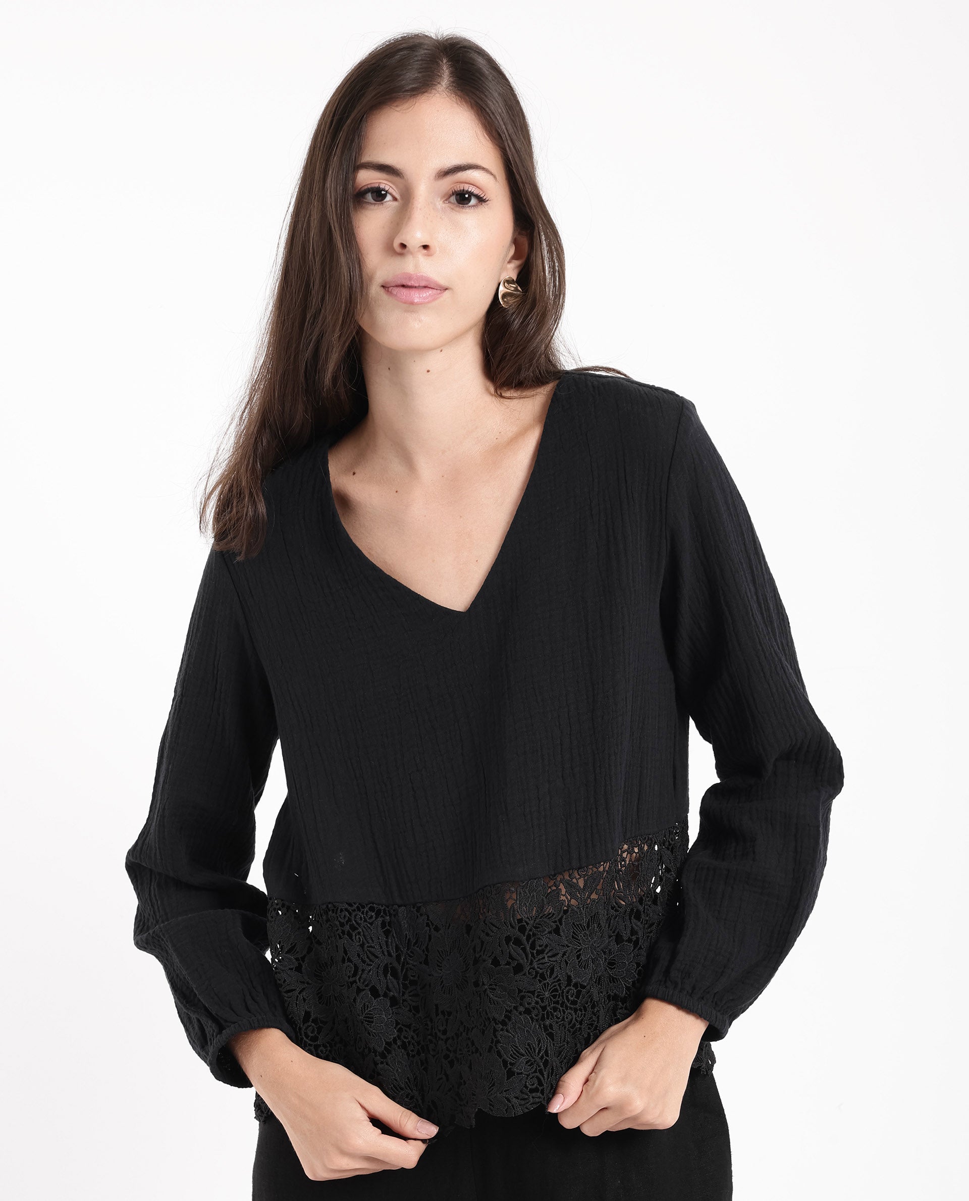 Rareism Women Sinloa Black Bishop Sleeve V-Neck Plain Top