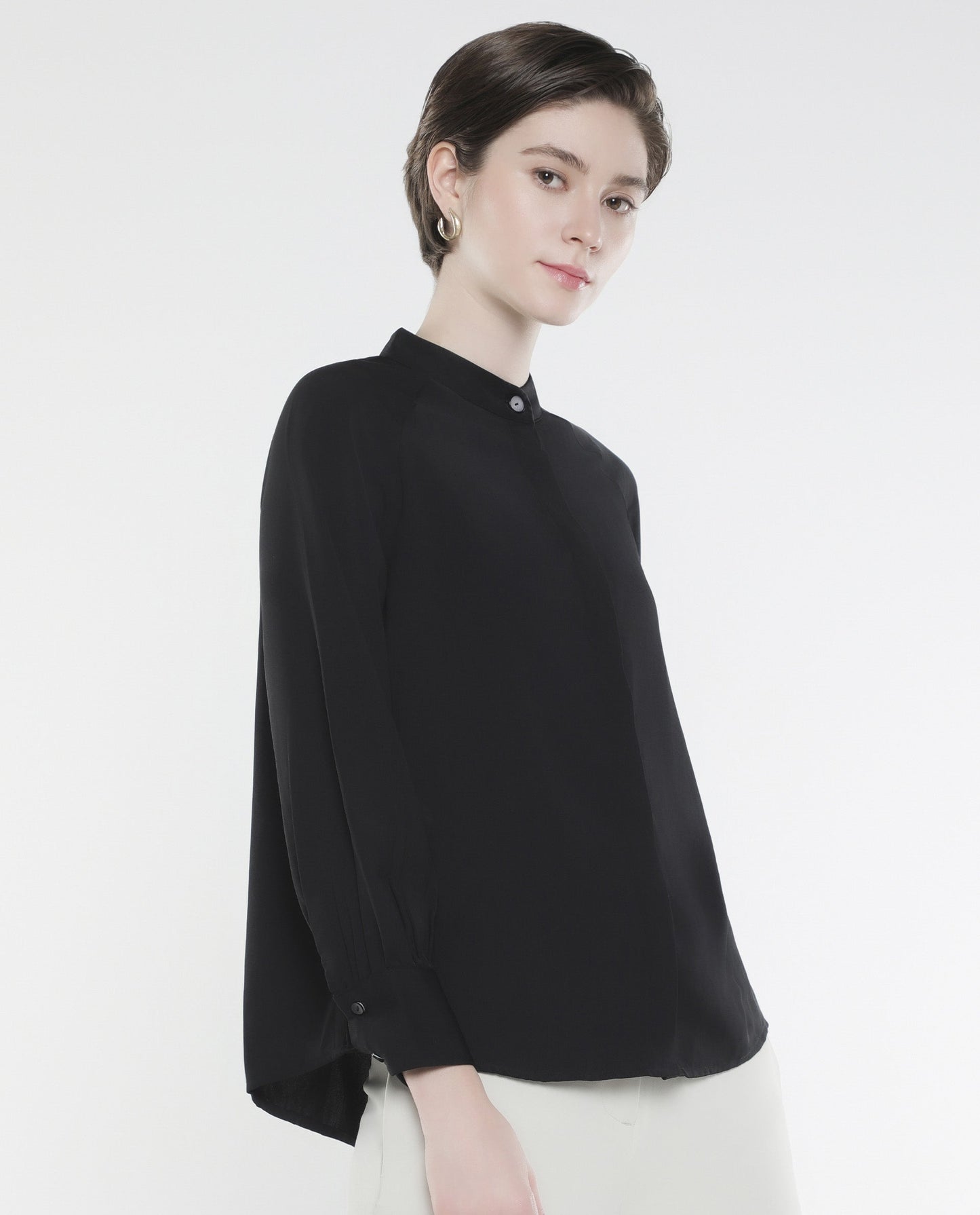 Rareism Women Snera Black Poly Blend Fabric Cuffed Sleeve Collared Neck Button Closure Plain Top