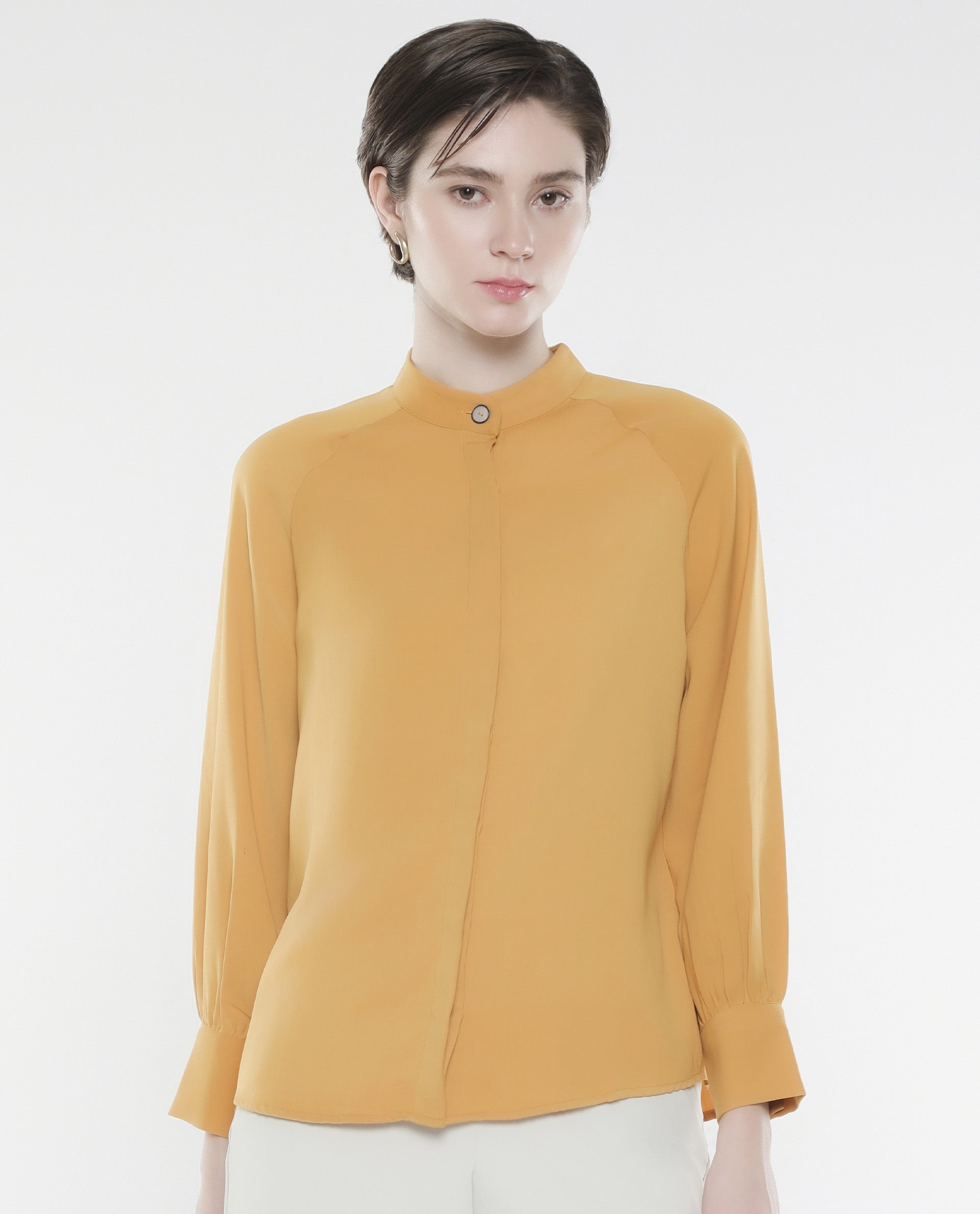 Rareism Women Snera Yellow Poly Blend Fabric Cuffed Sleeve Collared Neck Button Closure Plain Top