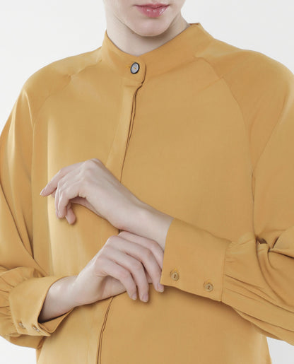 Rareism Women Snera Yellow Poly Blend Fabric Cuffed Sleeve Collared Neck Button Closure Plain Top