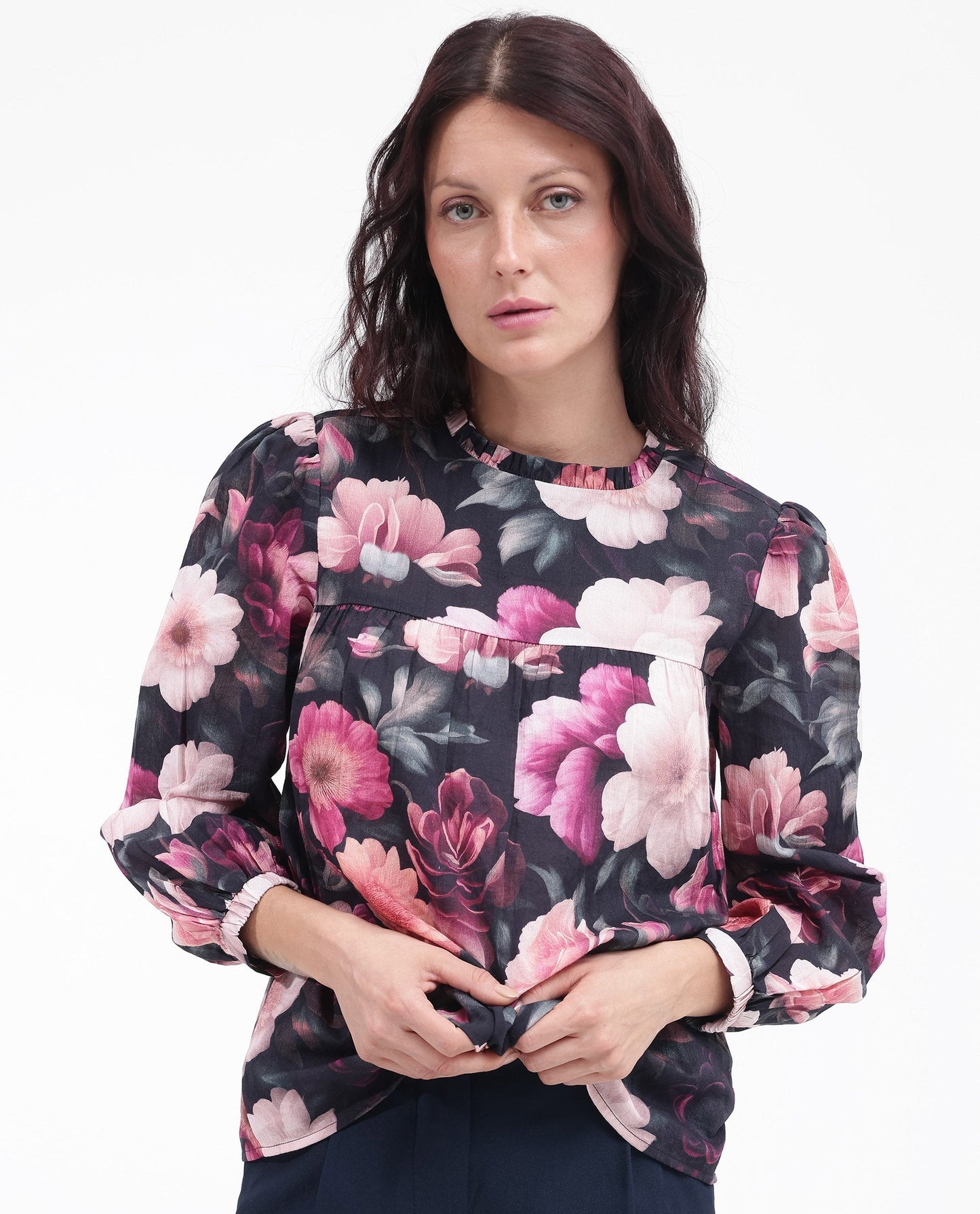 Rareism Women Sola Black Bishop Sleeve Ruffled Neck Floral Print Top