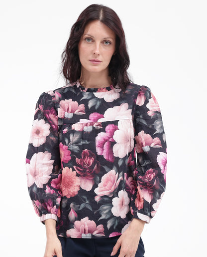 Rareism Women Sola Black Bishop Sleeve Ruffled Neck Floral Print Top