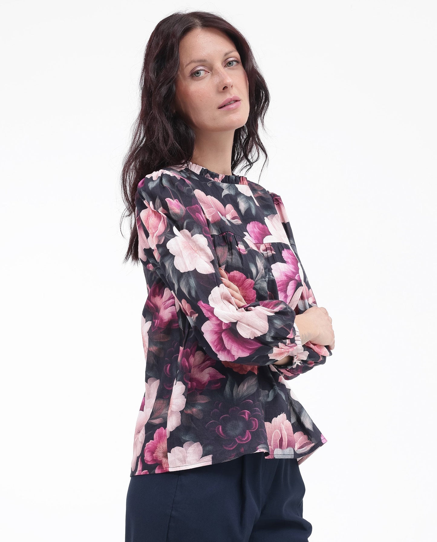 Rareism Women Sola Black Bishop Sleeve Ruffled Neck Floral Print Top