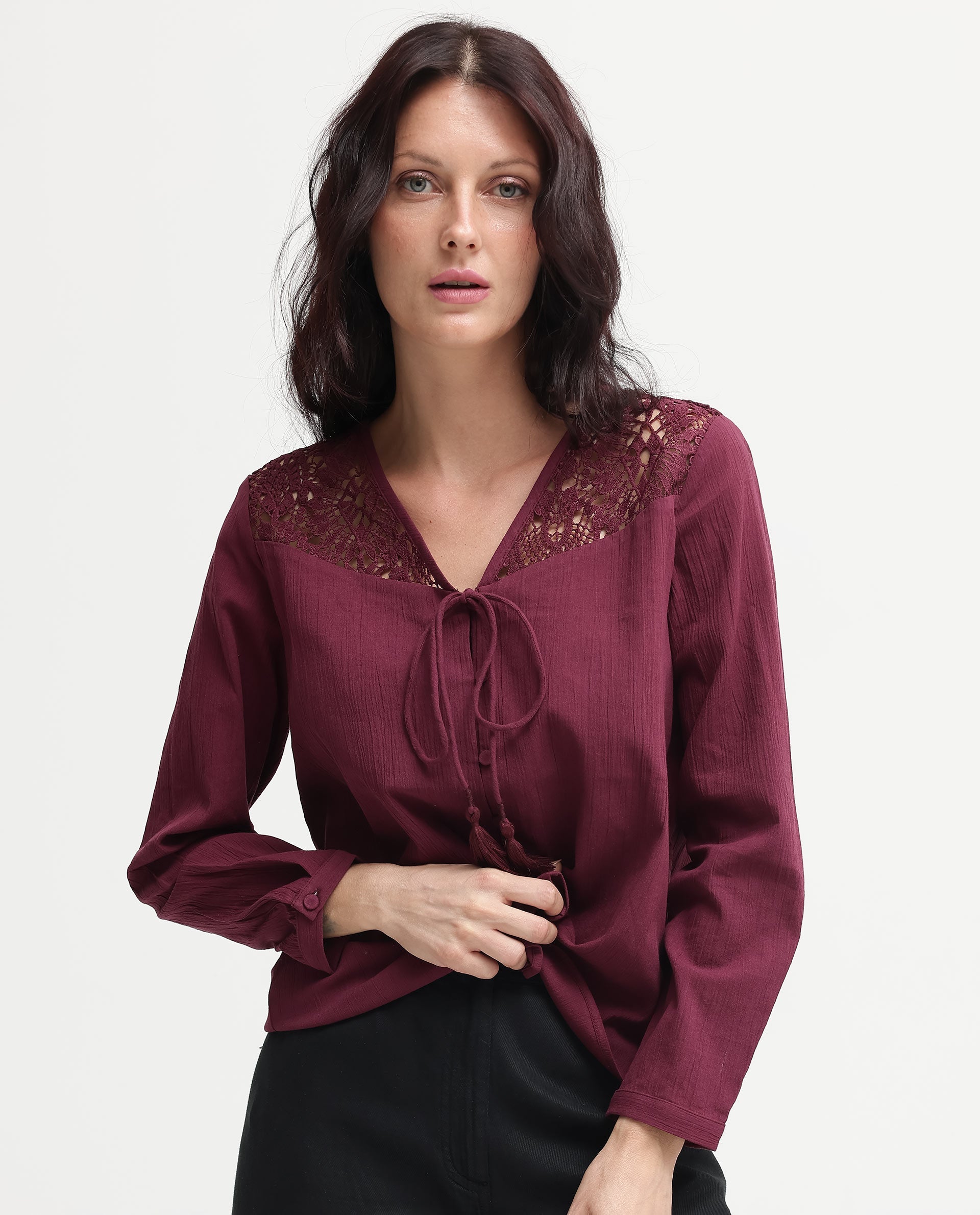 Rareism Women Sonoki Dark Maroon Cotton Button Closure Full Sleeve V-Neck Relaxed Fit Plain Top