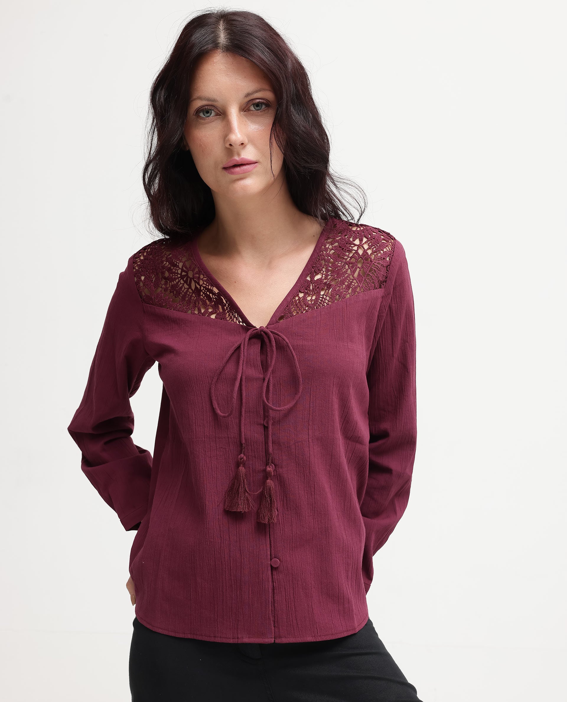 Rareism Women Sonoki Dark Maroon Cotton Button Closure Full Sleeve V-Neck Relaxed Fit Plain Top