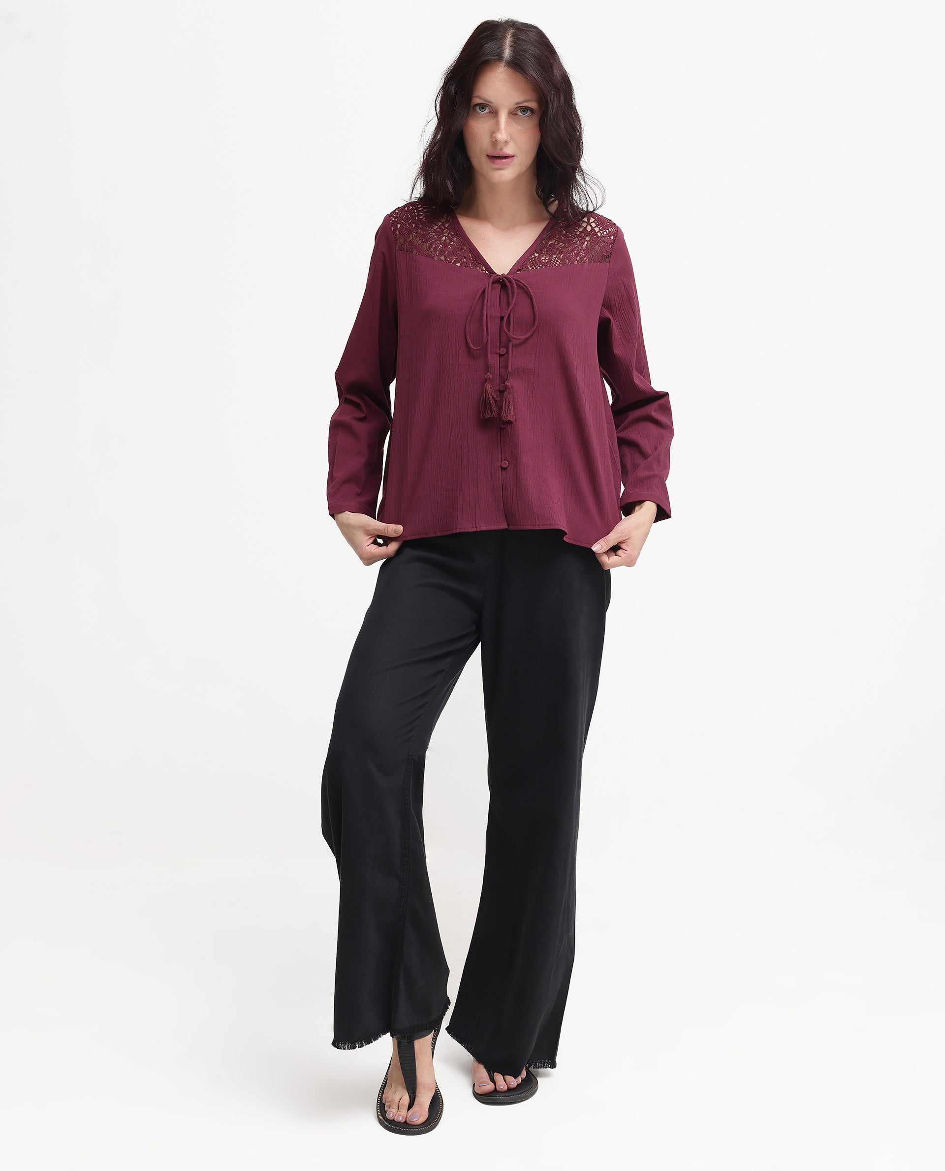 Rareism Women Sonoki Dark Maroon Cotton Button Closure Full Sleeve V-Neck Relaxed Fit Plain Top