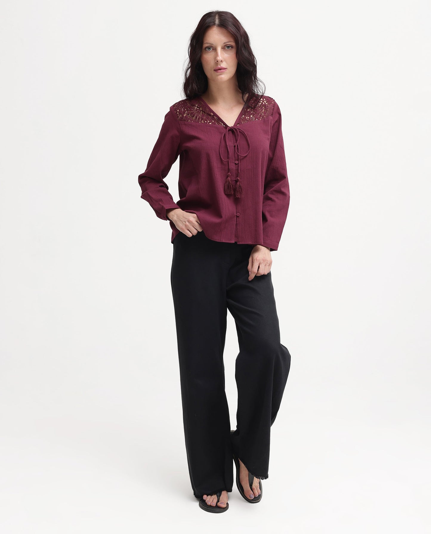 Rareism Women Sonoki Dark Maroon Cotton Button Closure Full Sleeve V-Neck Relaxed Fit Plain Top