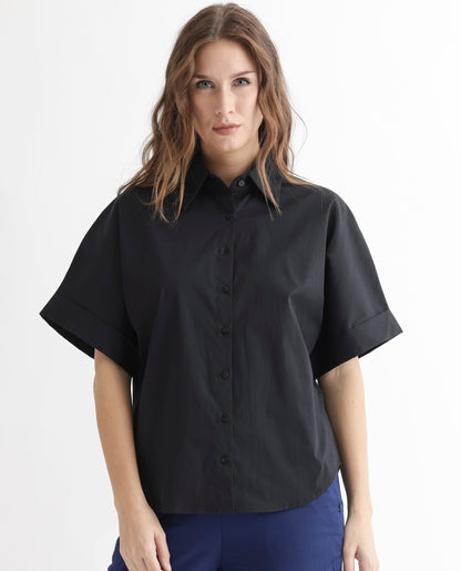 Rareism Women Shozo Black Cotton Lycra Fabric Short Sleeves Button Closure Shirt Collar Extended Sleeve Regular Fit Plain Top