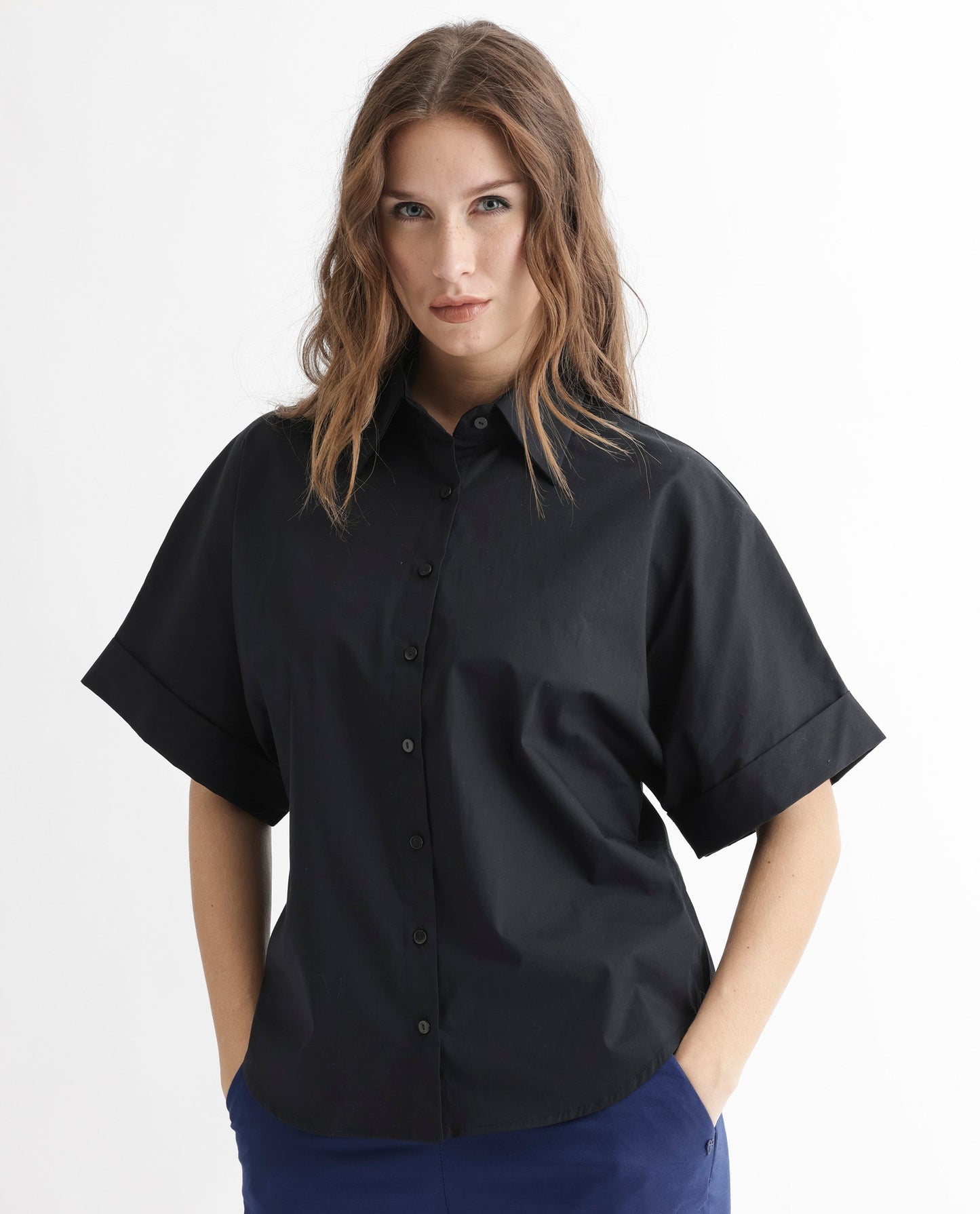 Rareism Women Shozo Black Cotton Lycra Fabric Short Sleeves Button Closure Shirt Collar Extended Sleeve Regular Fit Plain Top