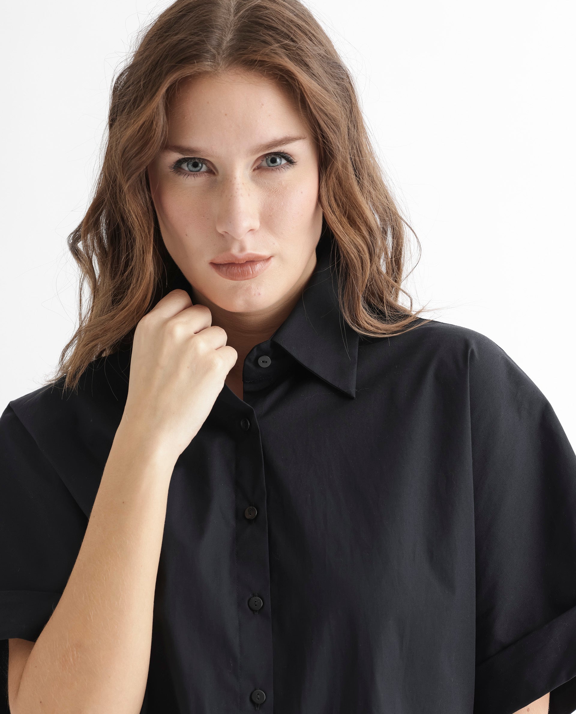 Rareism Women Shozo Black Cotton Lycra Fabric Short Sleeves Button Closure Shirt Collar Extended Sleeve Regular Fit Plain Top