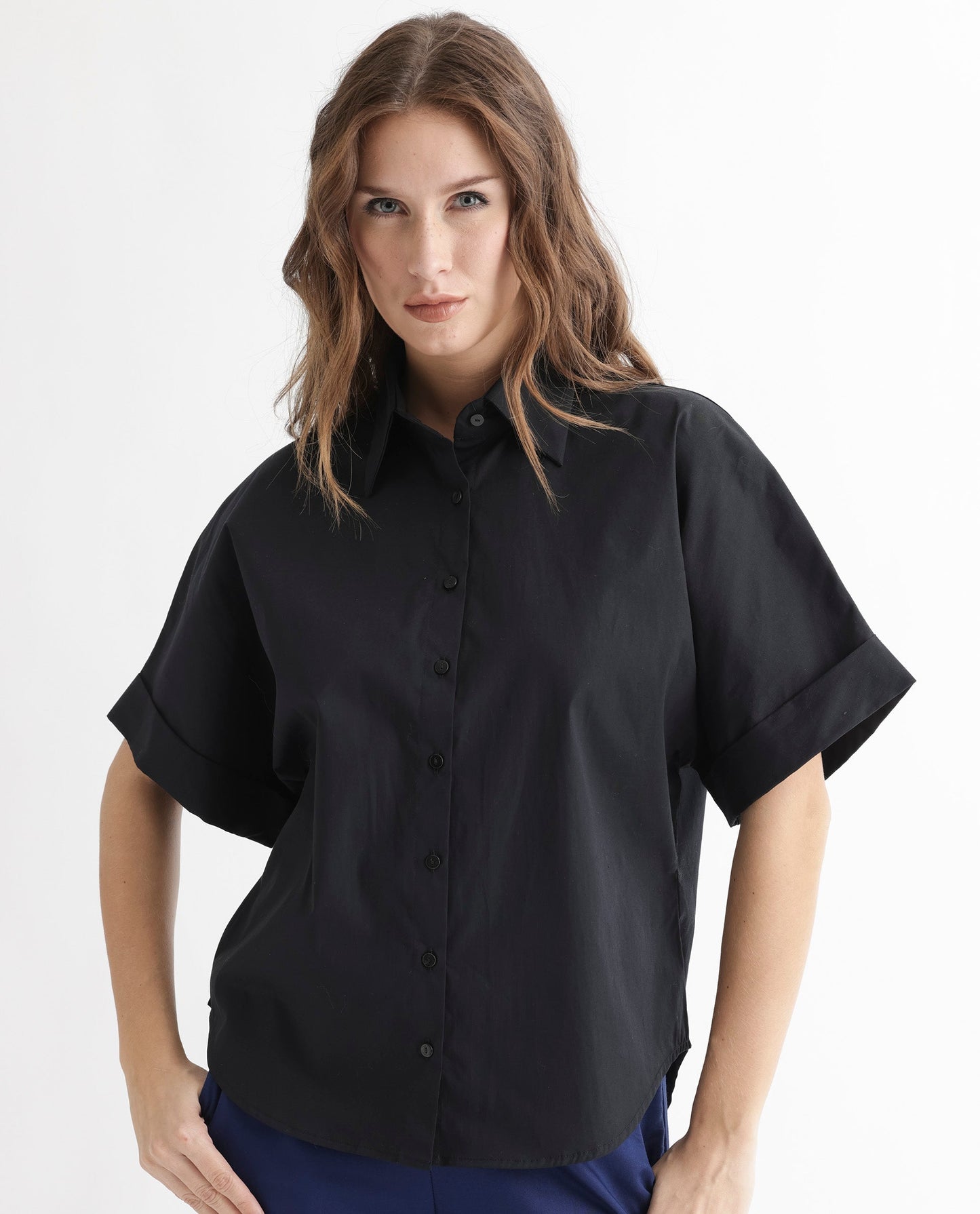 Rareism Women Shozo Black Cotton Lycra Fabric Short Sleeves Button Closure Shirt Collar Extended Sleeve Regular Fit Plain Top