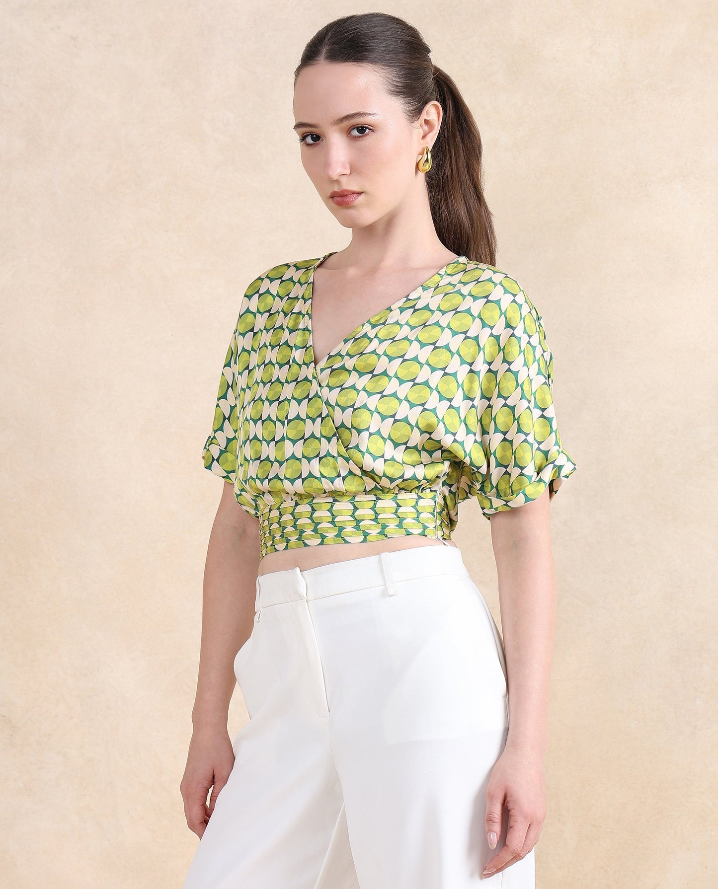 Rareism Women Stabia Green Extended Sleeves Over Lap Neck  Cropped Geometric Print Top