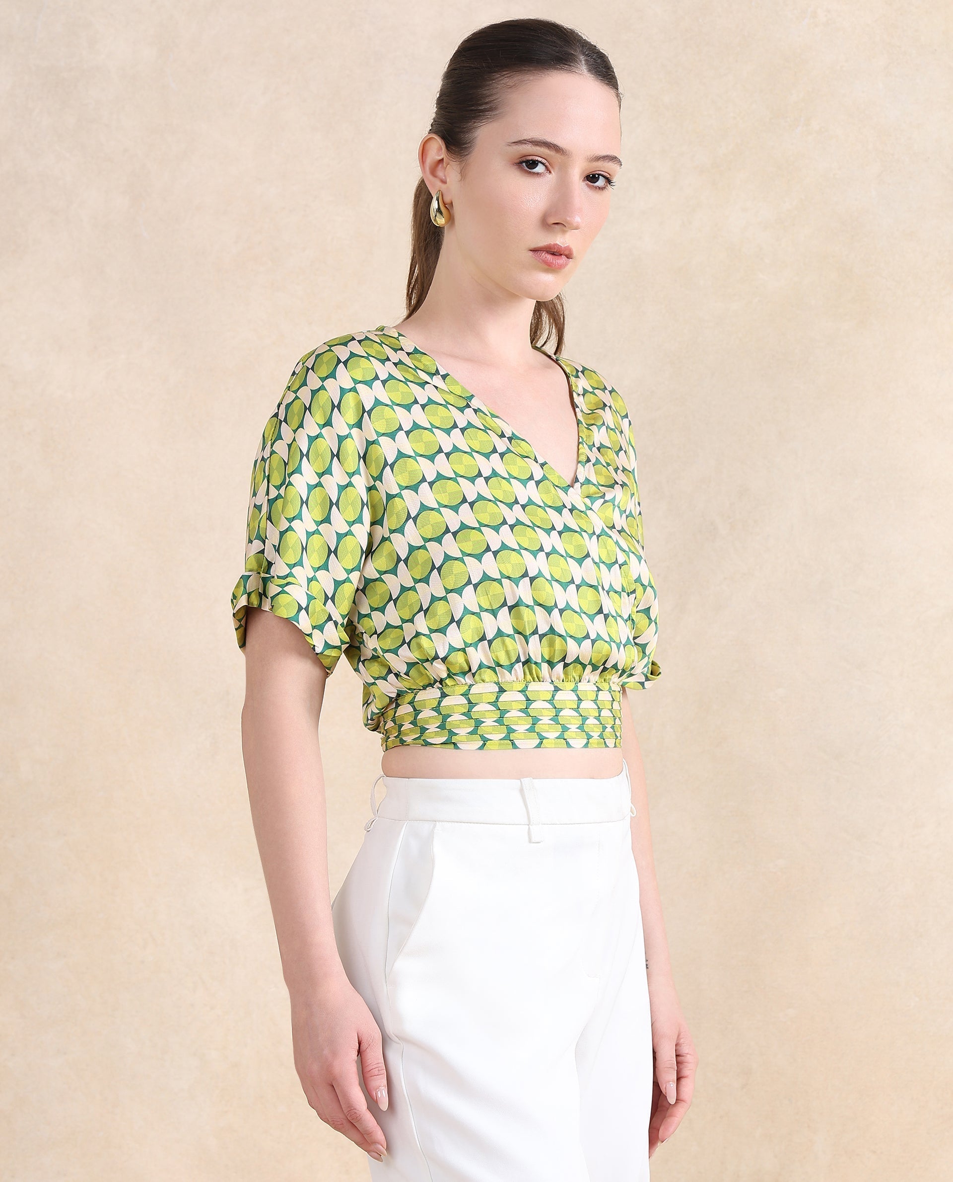 Rareism Women Stabia Green Extended Sleeves Over Lap Neck  Cropped Geometric Print Top