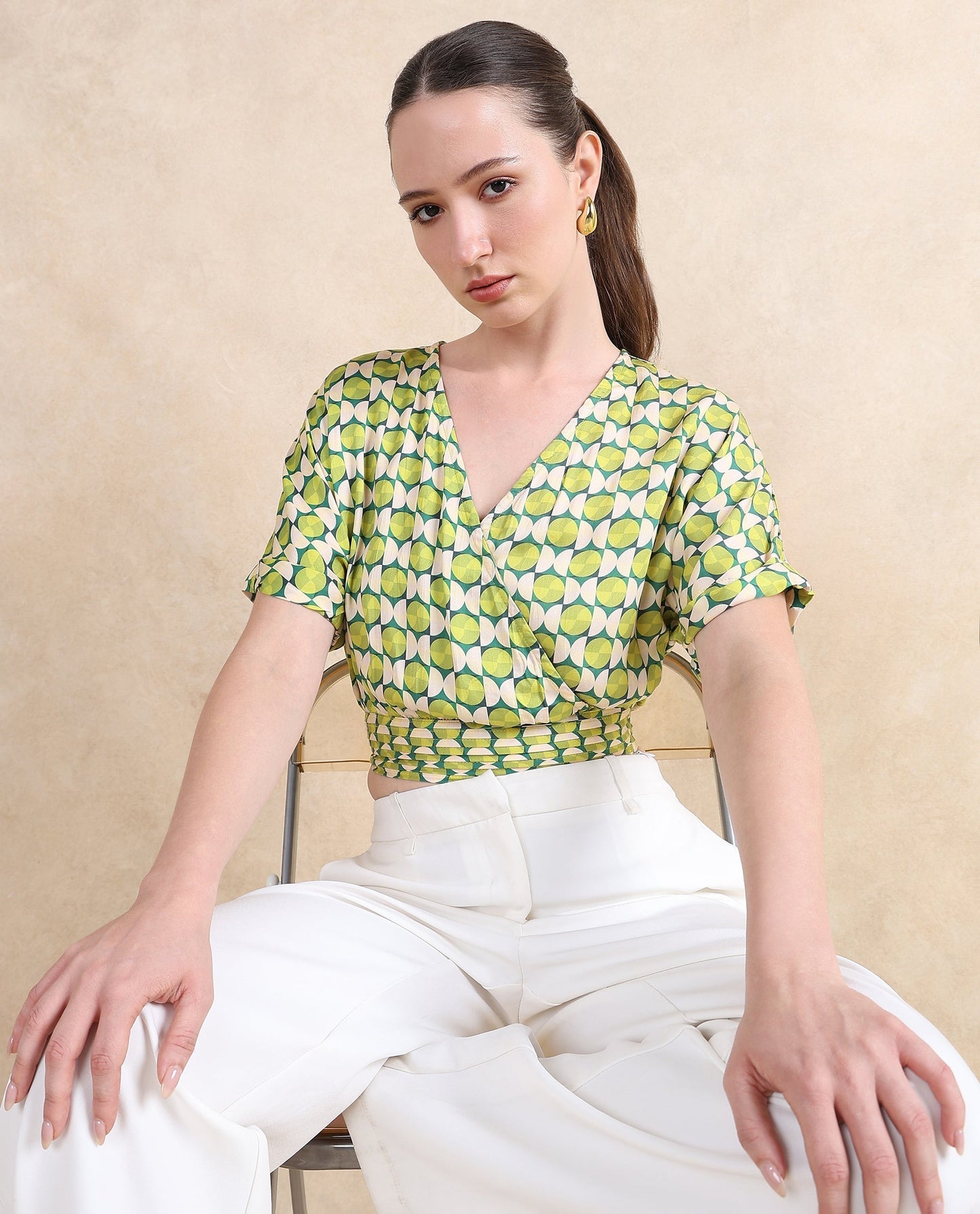 Rareism Women Stabia Green Extended Sleeves Over Lap Neck  Cropped Geometric Print Top