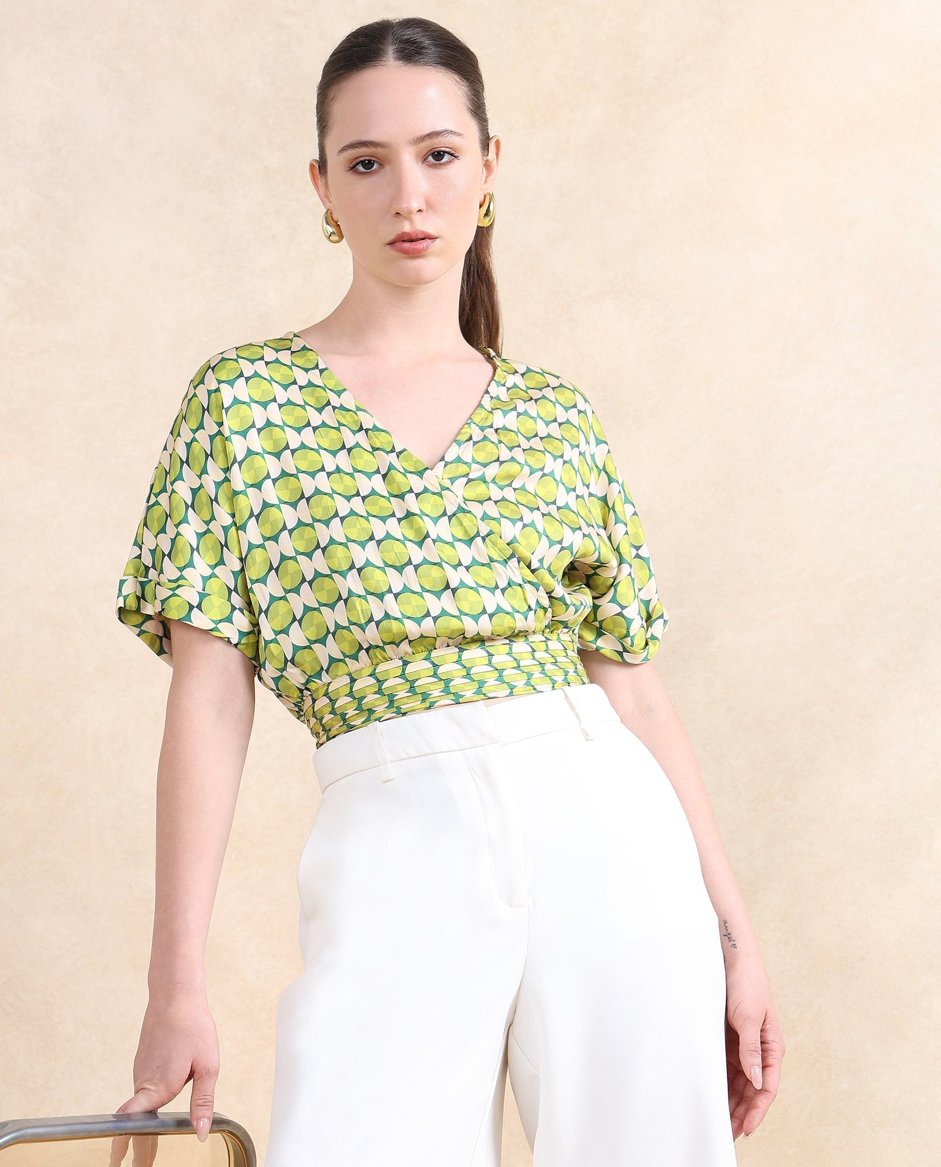 Rareism Women Stabia Green Extended Sleeves Over Lap Neck  Cropped Geometric Print Top