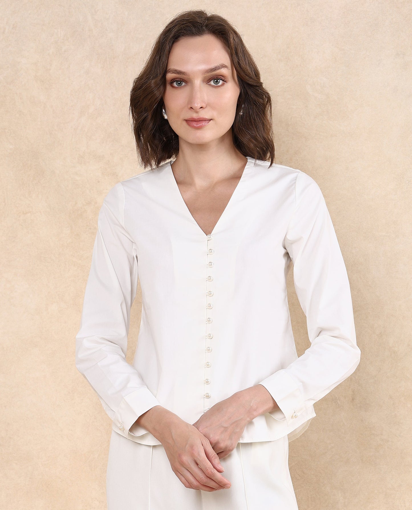 Rareism Women Starbs Off White Poplin Fabric Cuffed Sleeve V-Neck Button Closure Regular Fit Plain Top