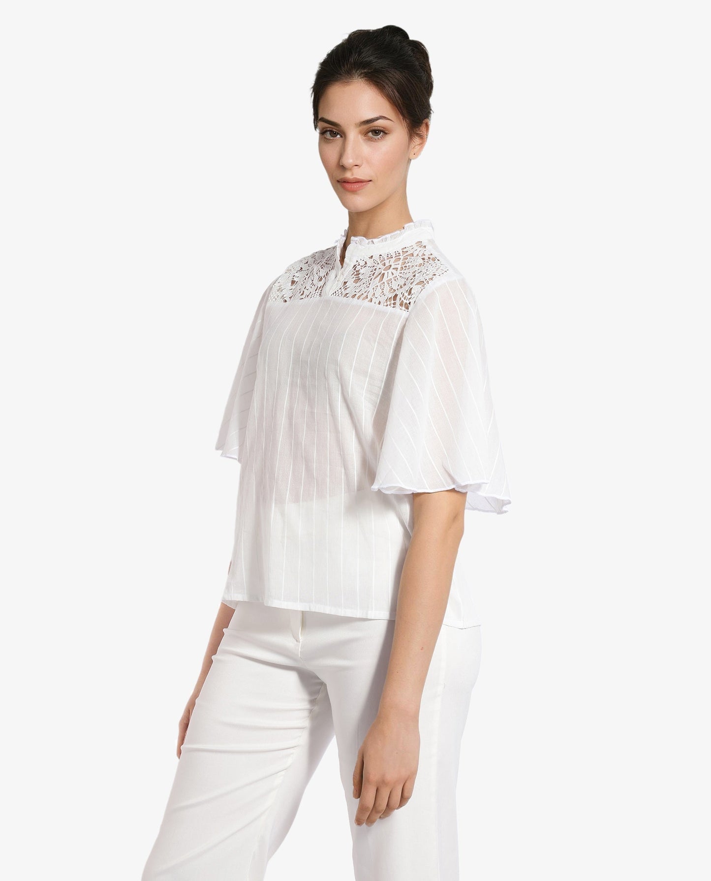 Rareism Women Sura Off White Bell Sleeves Ruffled Neck Button Plain Top