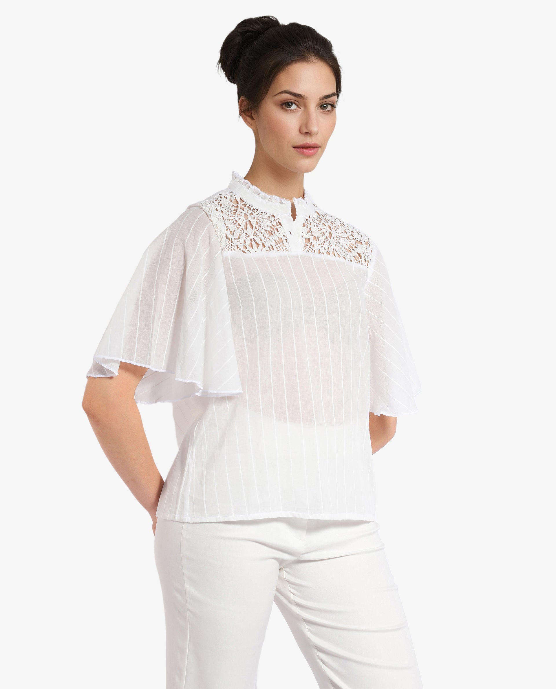 Rareism Women Sura Off White Bell Sleeves Ruffled Neck Button Plain Top