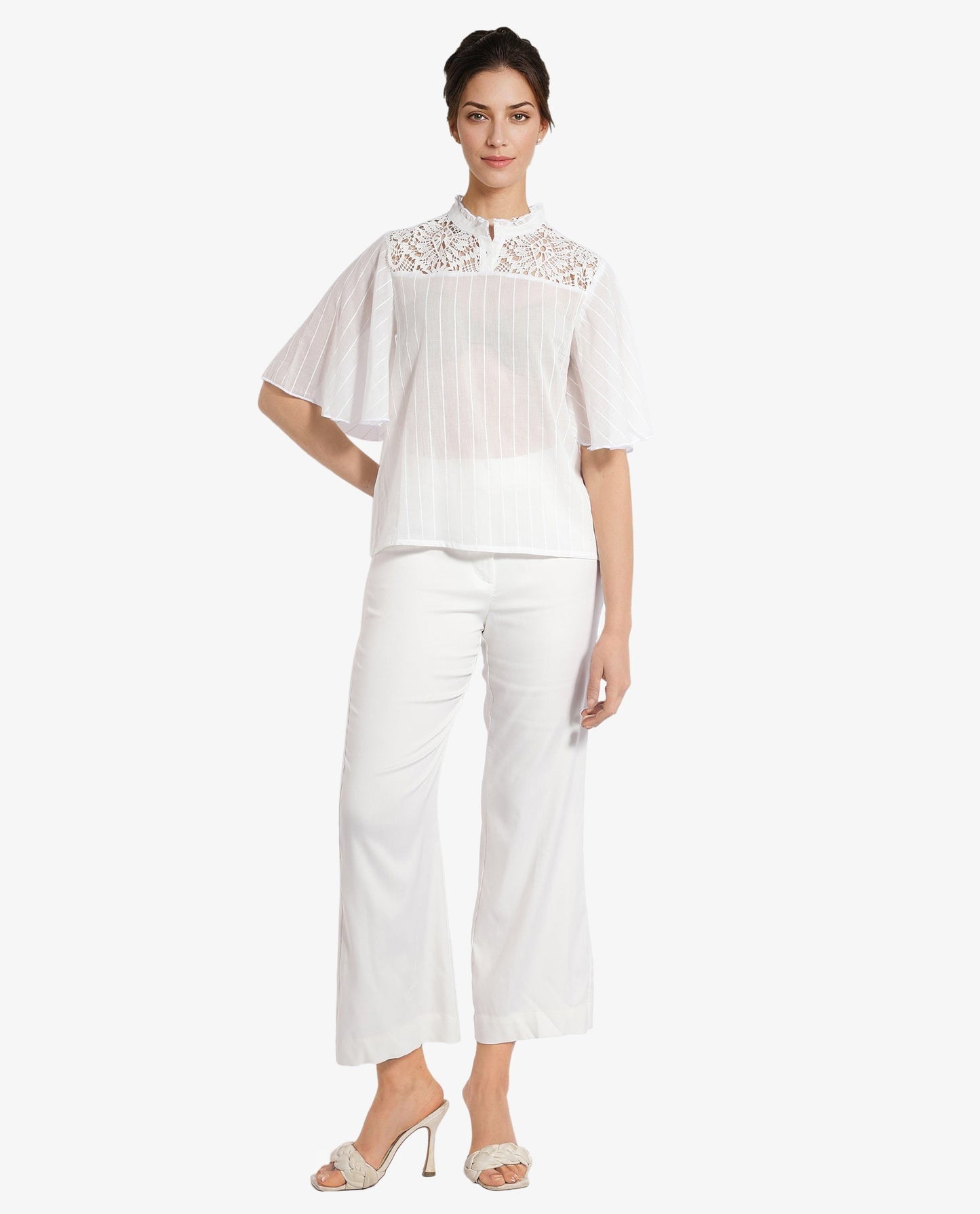 Rareism Women Sura Off White Bell Sleeves Ruffled Neck Button Plain Top