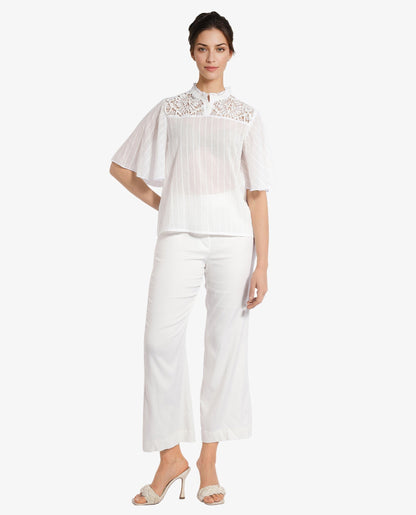 Rareism Women Sura Off White Bell Sleeves Ruffled Neck Button Plain Top