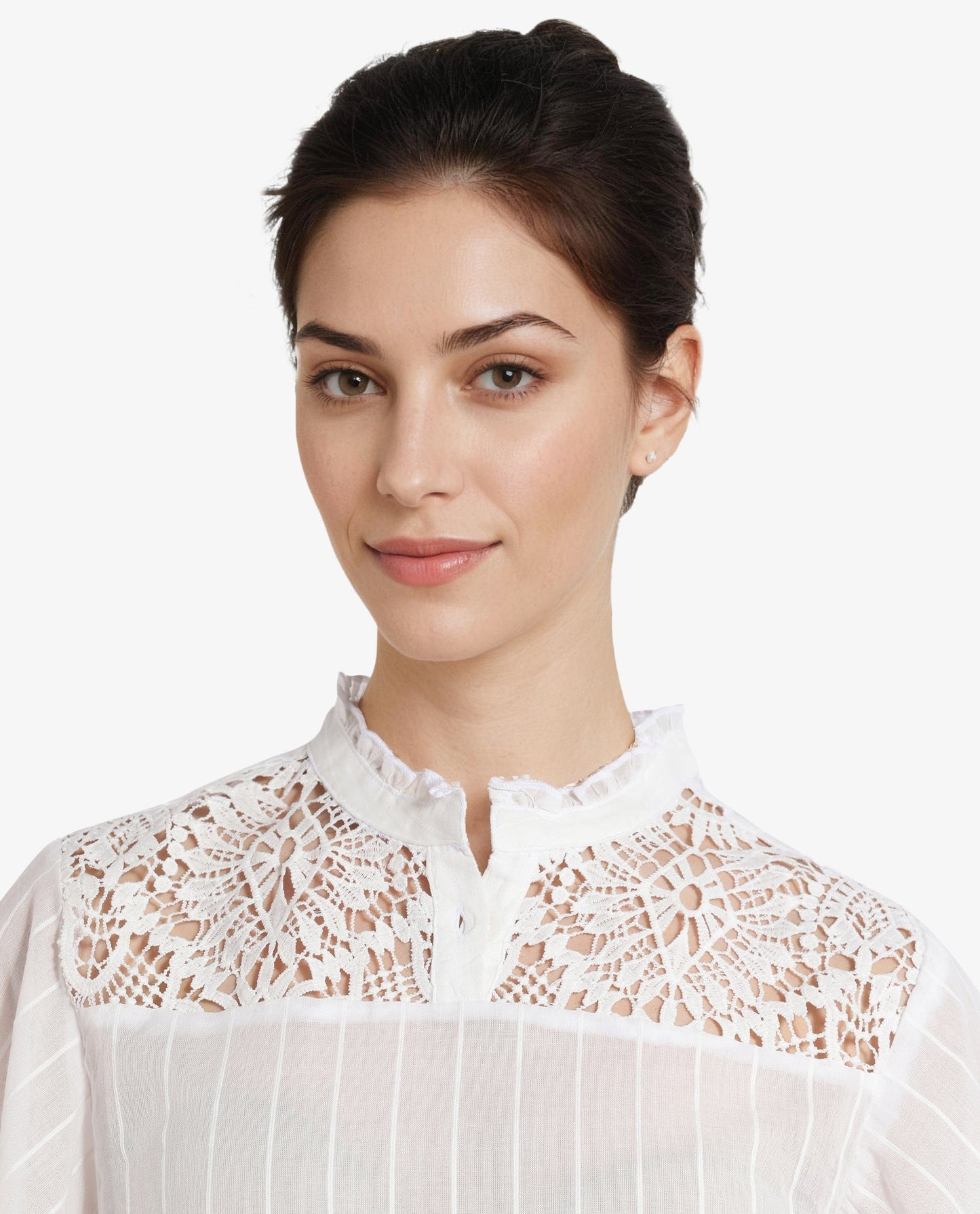 Rareism Women Sura Off White Bell Sleeves Ruffled Neck Button Plain Top