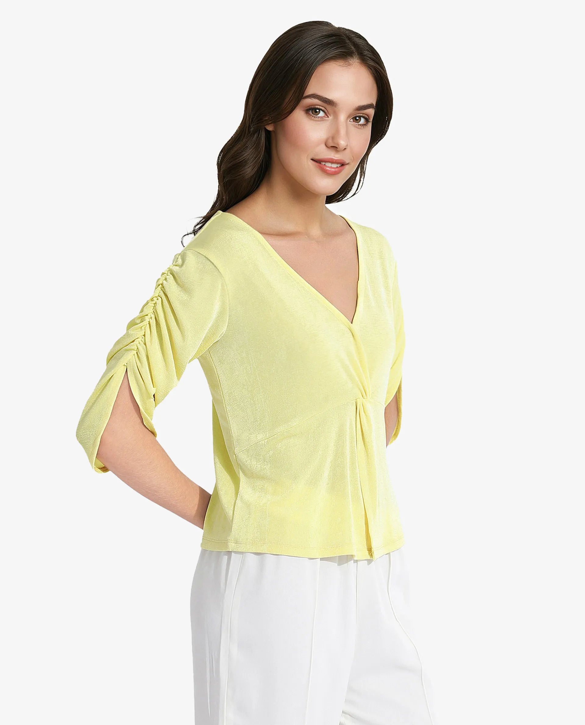 Rareism Women Tangiren Yellow Polyester Fabric Short Sleeve V-Neck Solid Regular Fit Top