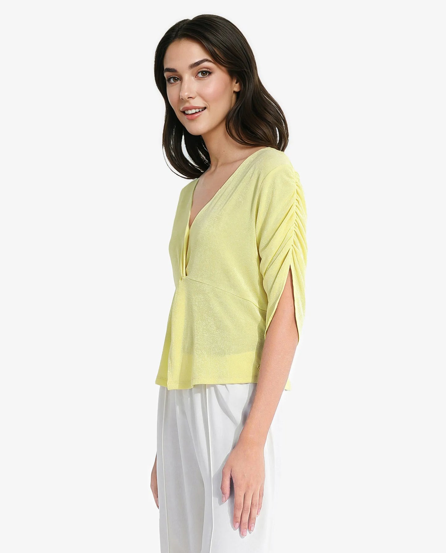 Rareism Women Tangiren Yellow Polyester Fabric Short Sleeve V-Neck Solid Regular Fit Top