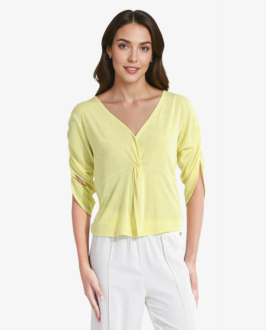 Rareism Women Tangiren Yellow Polyester Fabric Short Sleeve V-Neck Solid Regular Fit Top