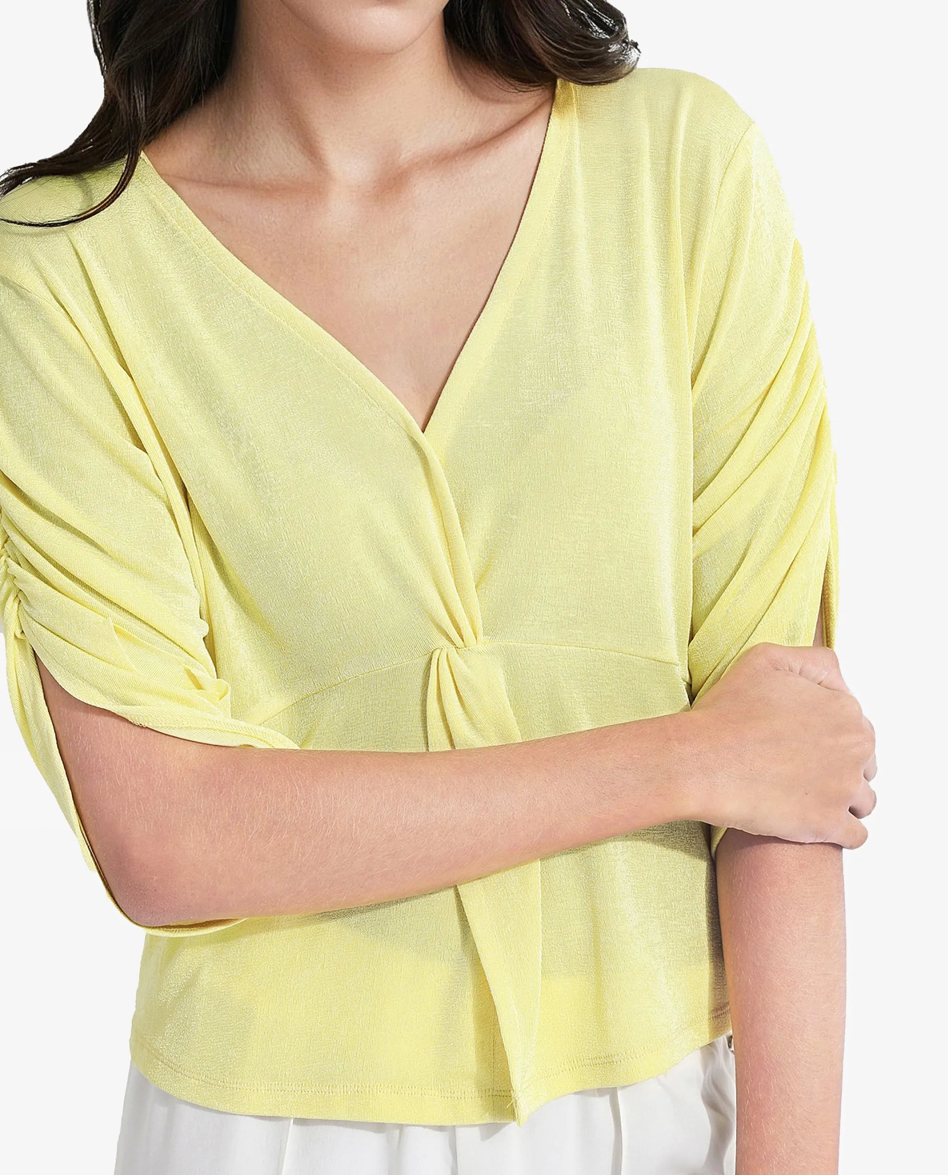 Rareism Women Tangiren Yellow Polyester Fabric Short Sleeve V-Neck Solid Regular Fit Top