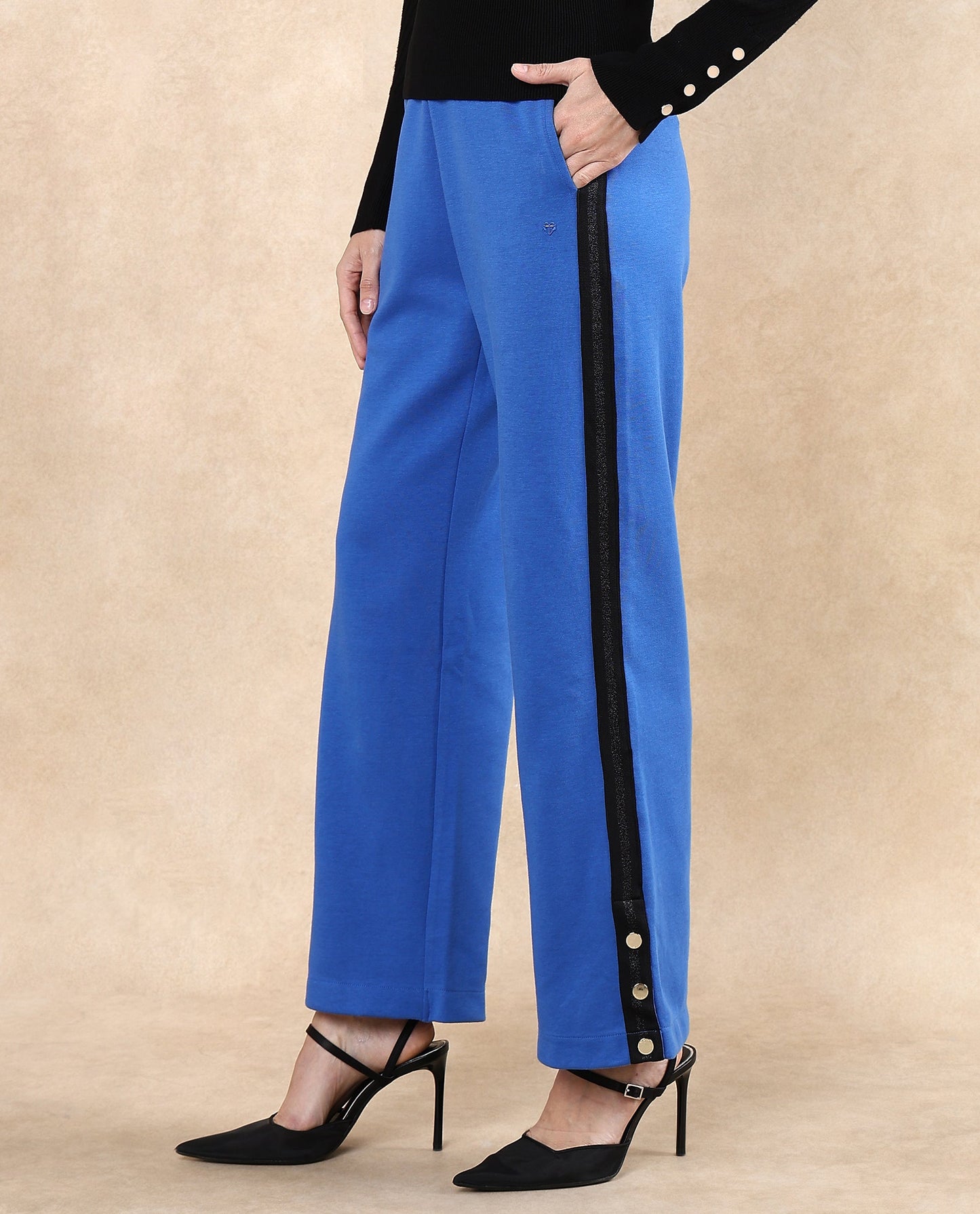 Rareism Women Tappy Blue Cotton Blend Fabric Straight Fit Ankle Length Plain Track Pant