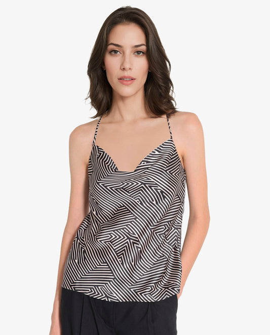 Rareism Women Tarano Black Shoulder Straps Cowl Neck  Geometric Print Top