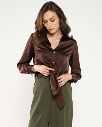 Rareism Women Teen Brown Cuffed Sleeve Collared Collar Button Plain Top