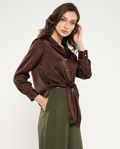 Rareism Women Teen Brown Cuffed Sleeve Collared Collar Button Plain Top