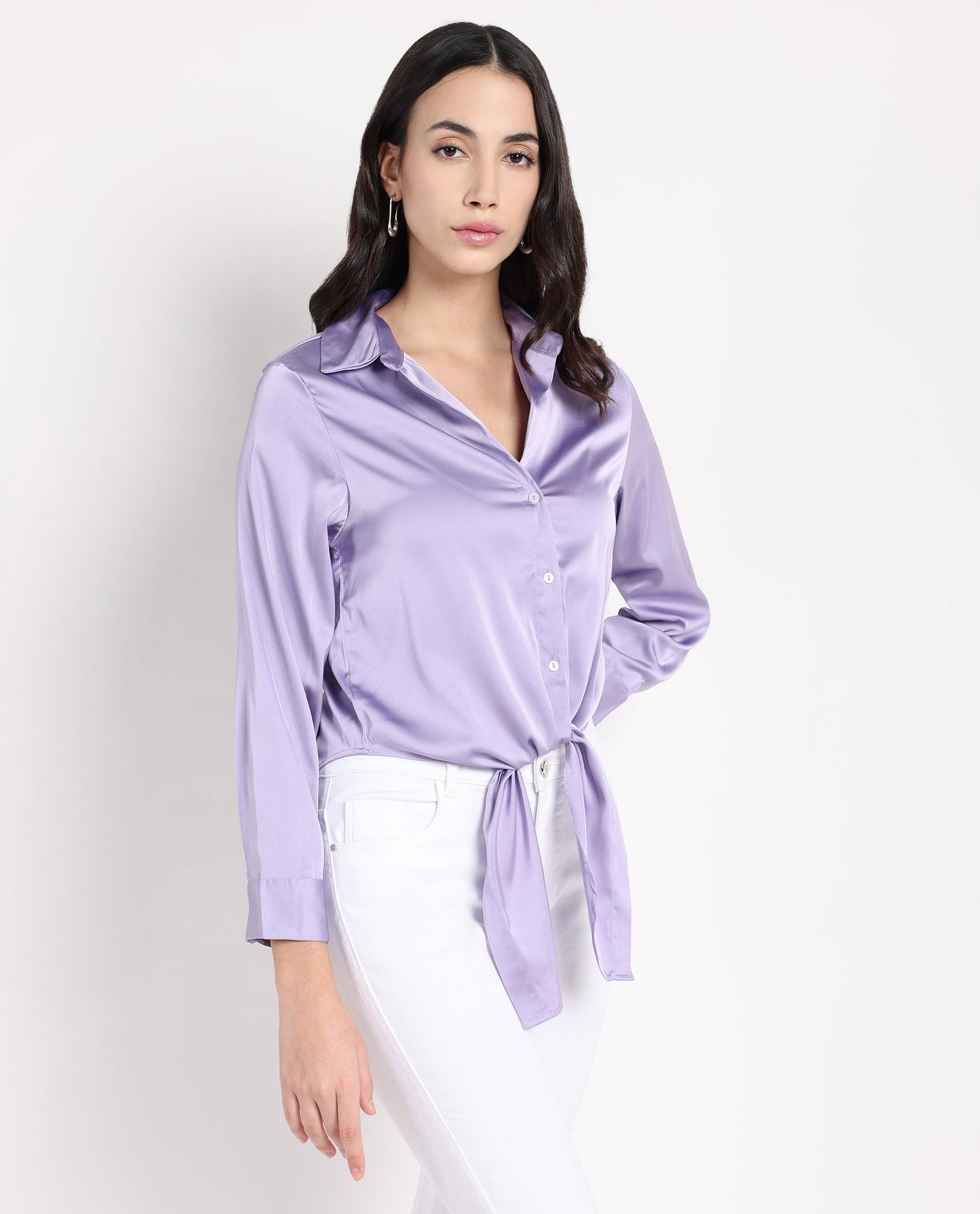 Rareism Women Teen Light Purple Cuffed Sleeve Collared Collar Button Plain Top