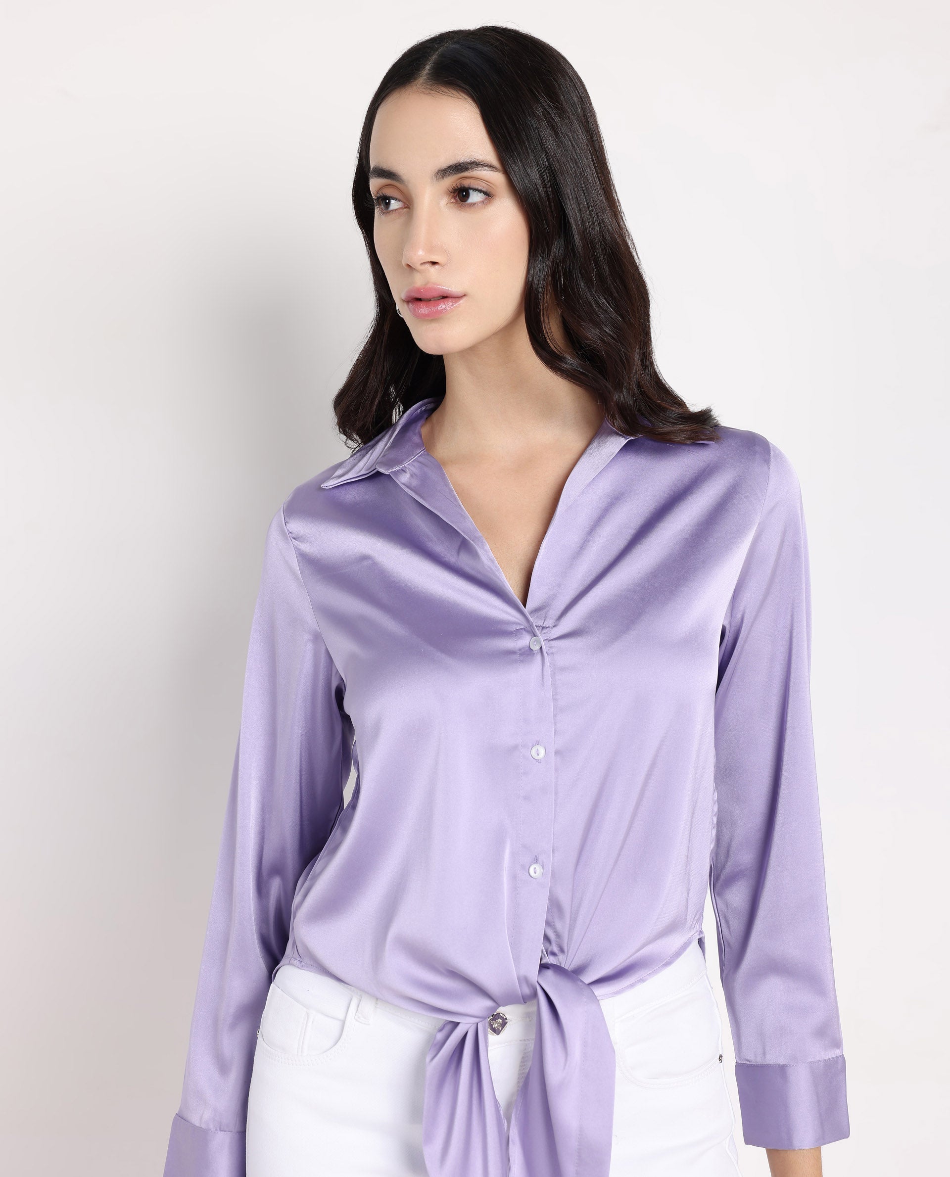 Rareism Women Teen Light Purple Cuffed Sleeve Collared Collar Button Plain Top