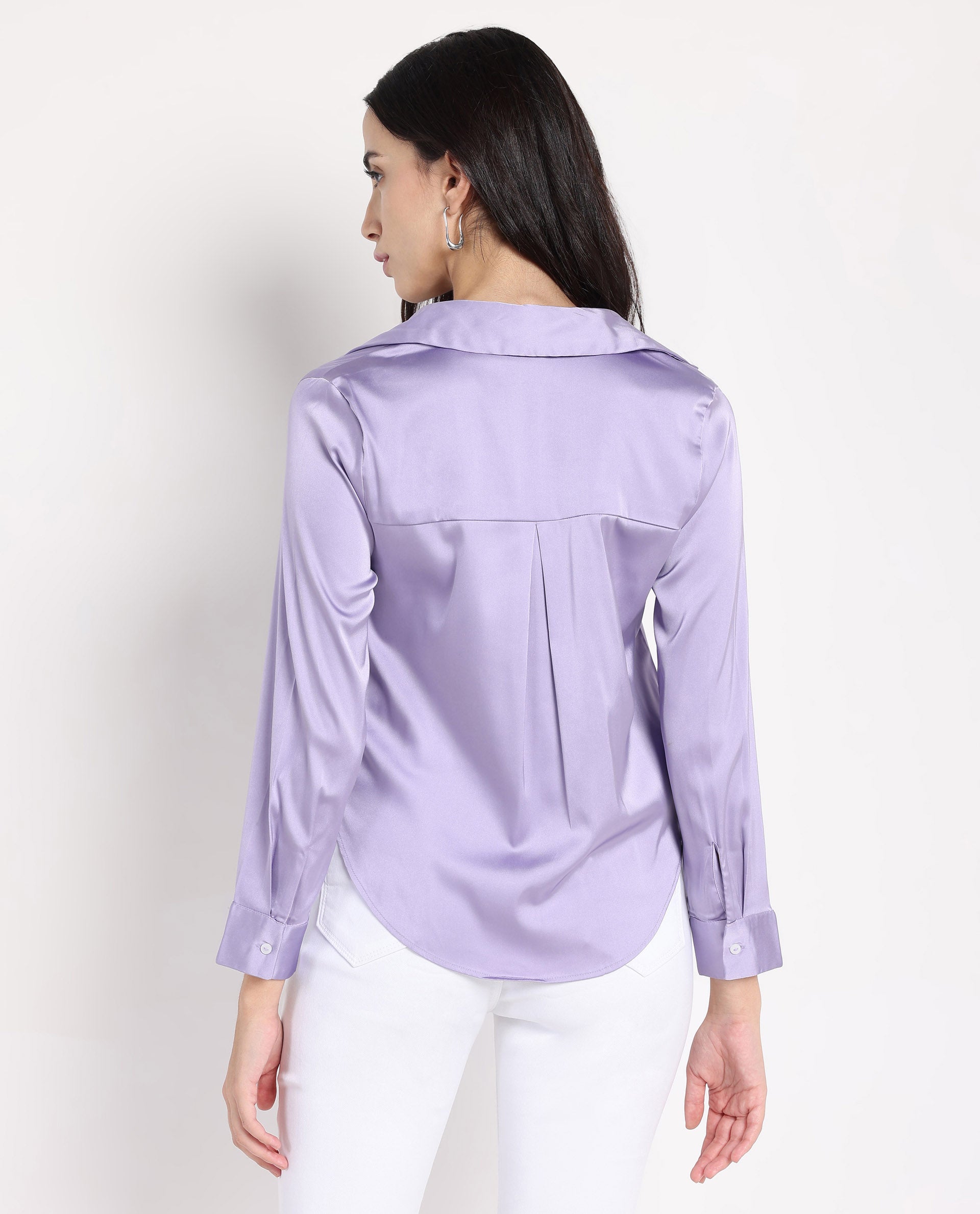 Rareism Women Teen Light Purple Cuffed Sleeve Collared Collar Button Plain Top