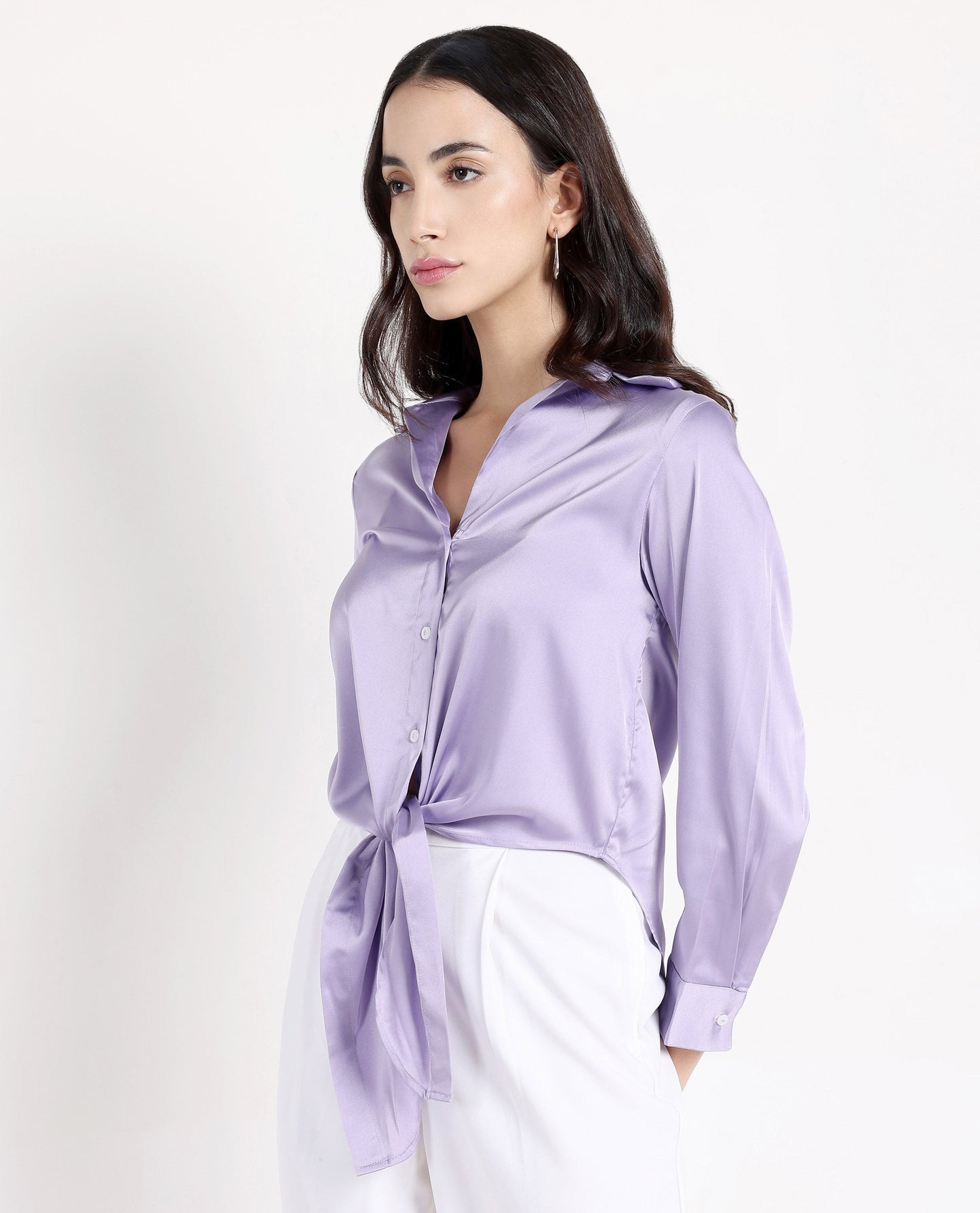 Rareism Women Teen Light Purple Cuffed Sleeve Collared Collar Button Plain Top