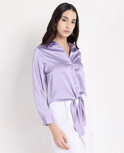 Rareism Women Teen Light Purple Cuffed Sleeve Collared Collar Button Plain Top