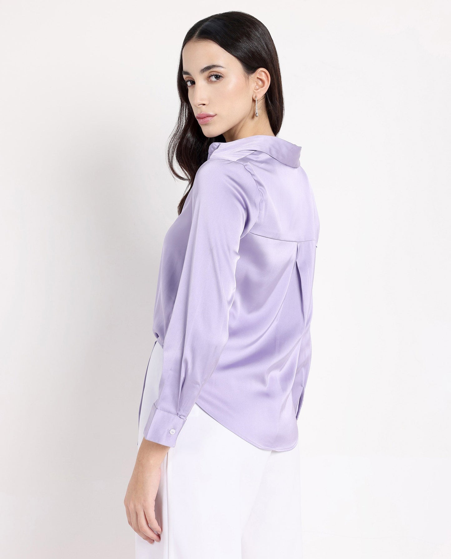 Rareism Women Teen Light Purple Cuffed Sleeve Collared Collar Button Plain Top