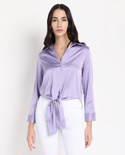 Rareism Women Teen Light Purple Cuffed Sleeve Collared Collar Button Plain Top