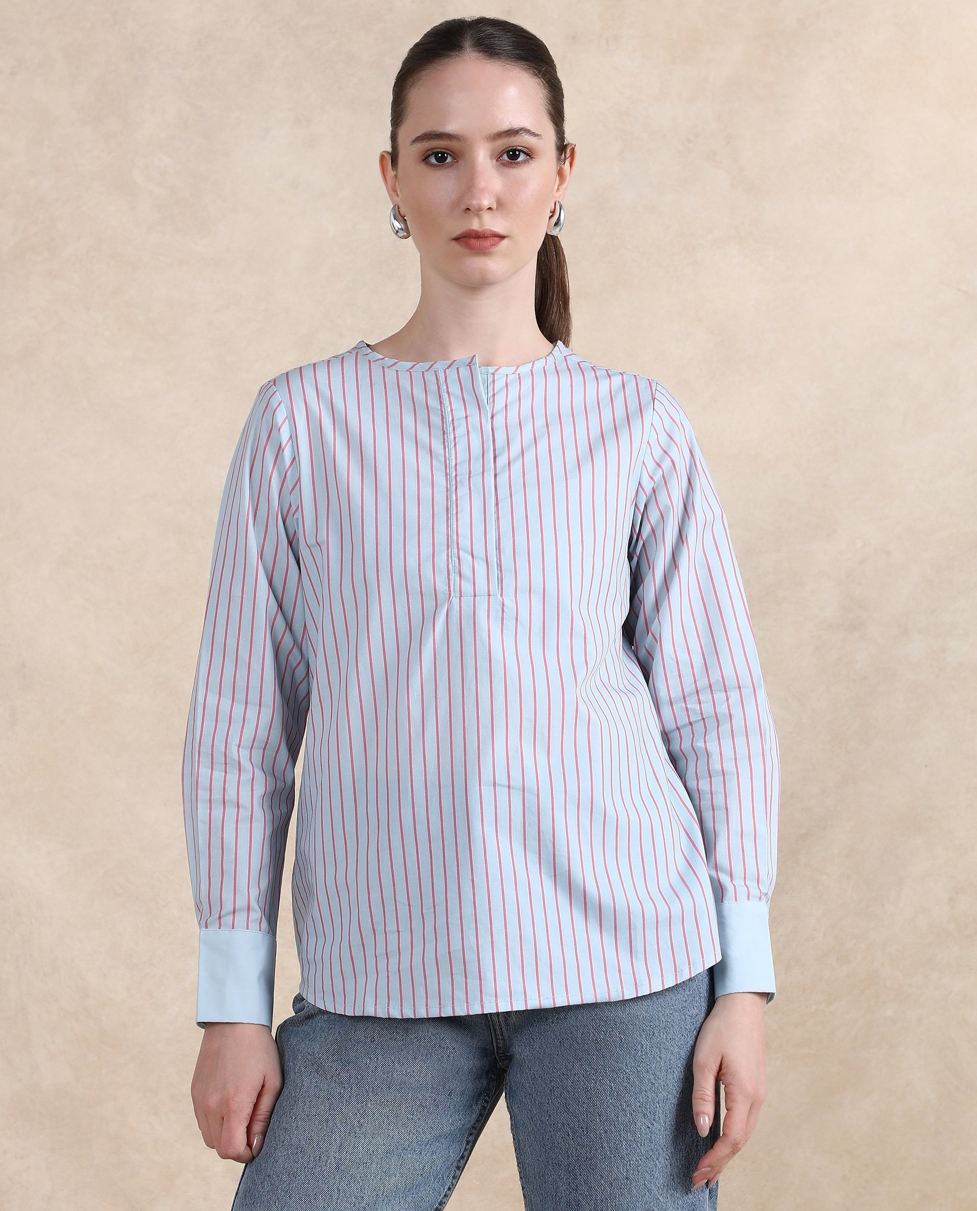 Rareism Women Telma Blue Cuffed Sleeve Round Neck Button Narrow Stripes Top