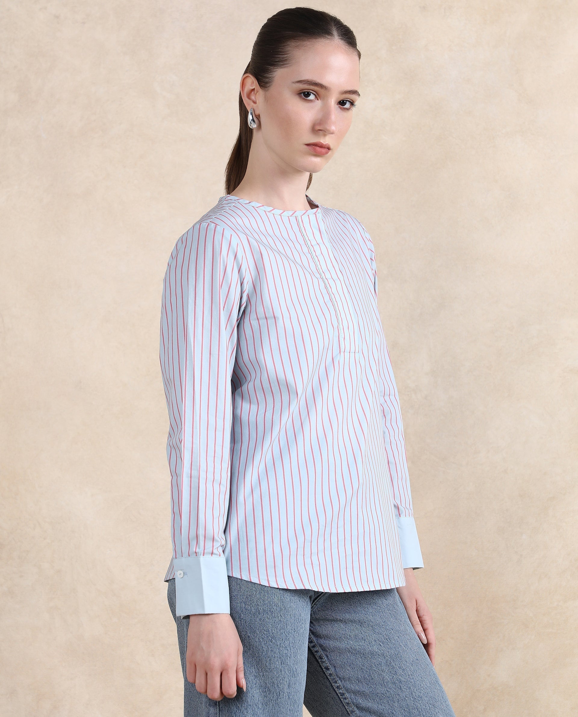 Rareism Women Telma Blue Cuffed Sleeve Round Neck Button Narrow Stripes Top