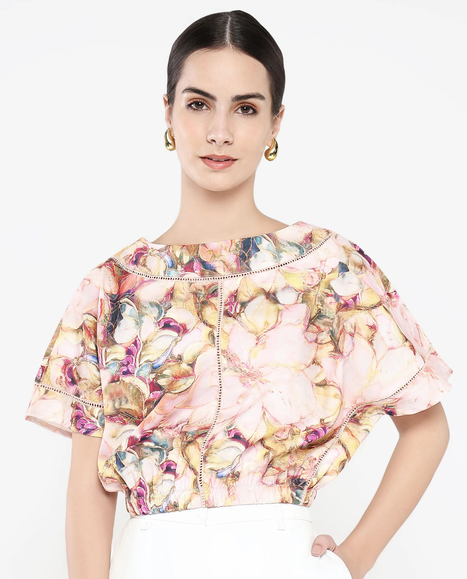 Rareism Women Terni Multi Extended Sleeves Boat Neck Floral Print Top